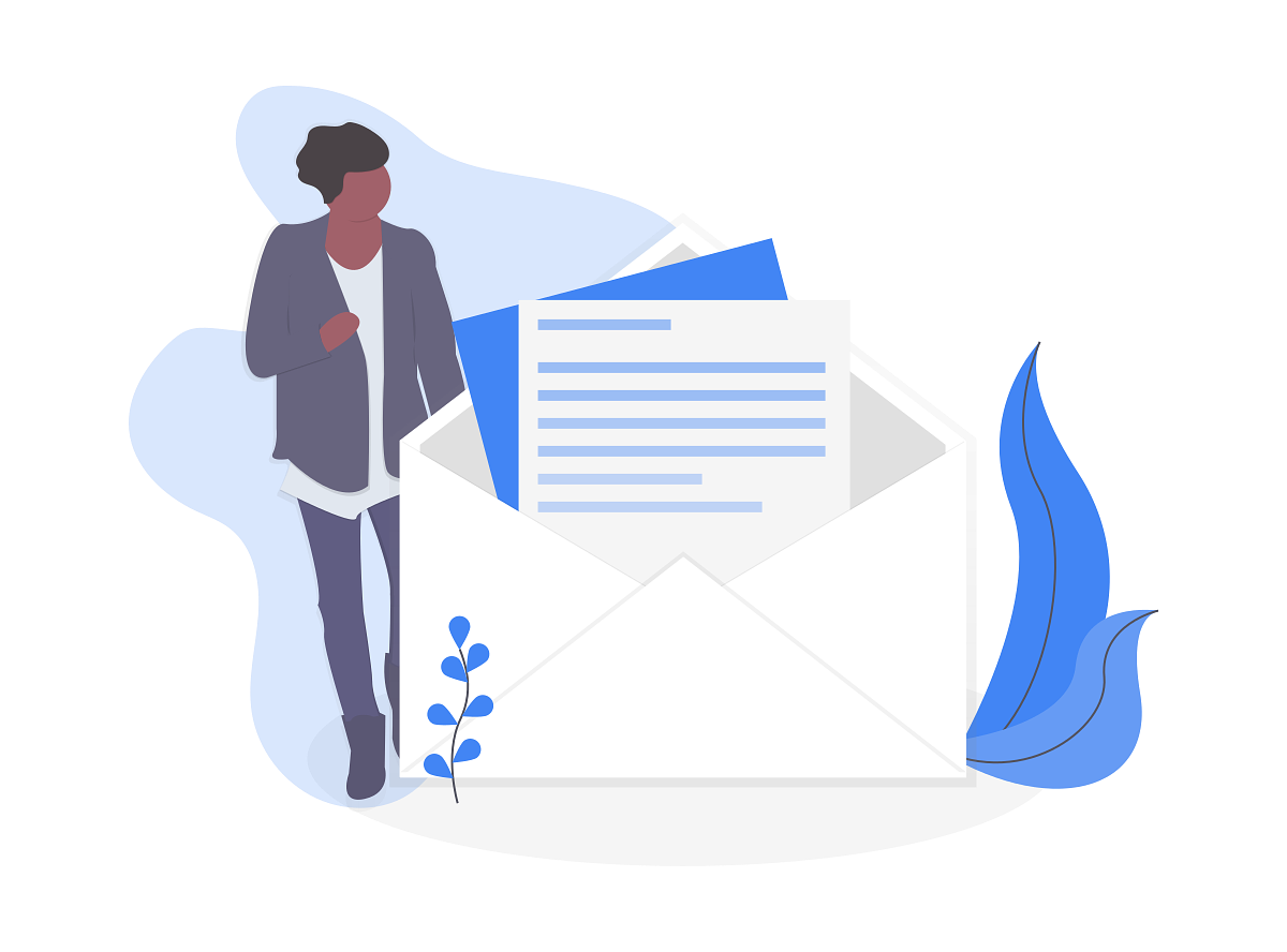 Alt text: "Illustration of a person standing next to a large open envelope with a letter inside. The person is dressed in casual attire, and the scene is accented with abstract blue shapes and a small blue plant.